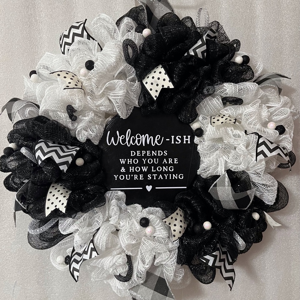 Welcome-Ish Black & White Holiday Wreath